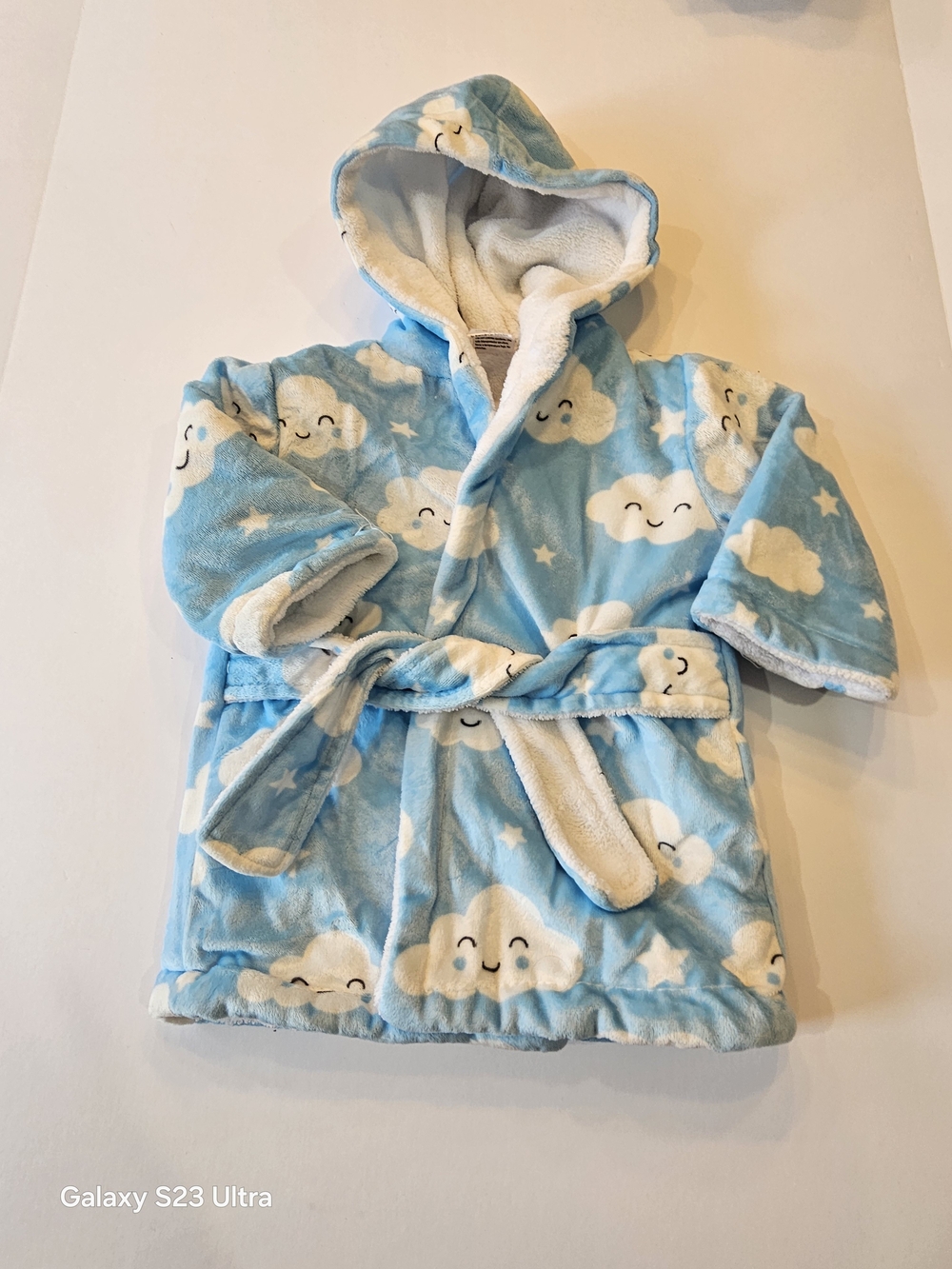 Plush Blue Cloud Hooded Kids Robe with Belt